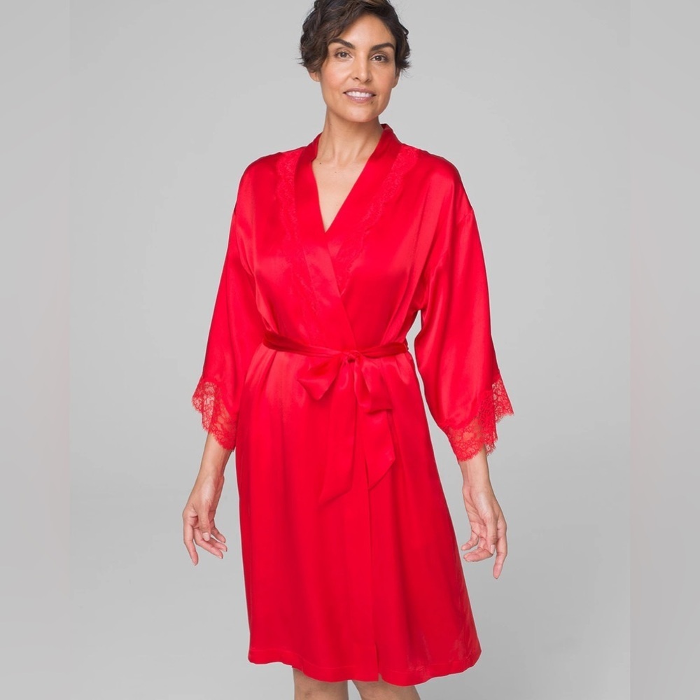 NWT Soma Sensuous 100% Silk Lace Trim Robe Cherry Red Luxury Size Large / XL